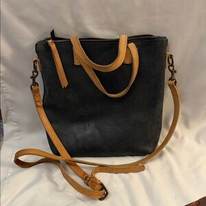 Able Black Leather Crossbody Tote with Tan Accents
